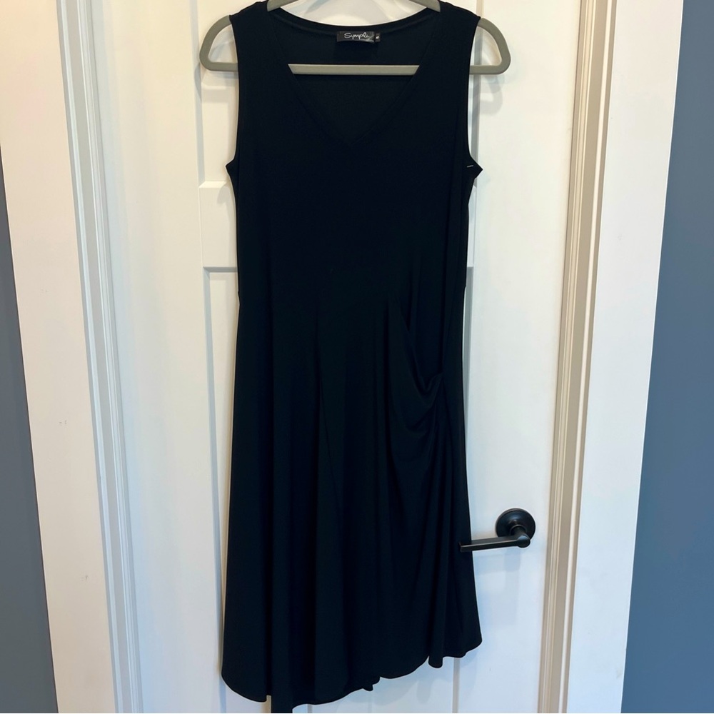 Sympli Solid Black Sleeveless Lagenlook‎ Slinky Midi Length Dress Pocket Size 8